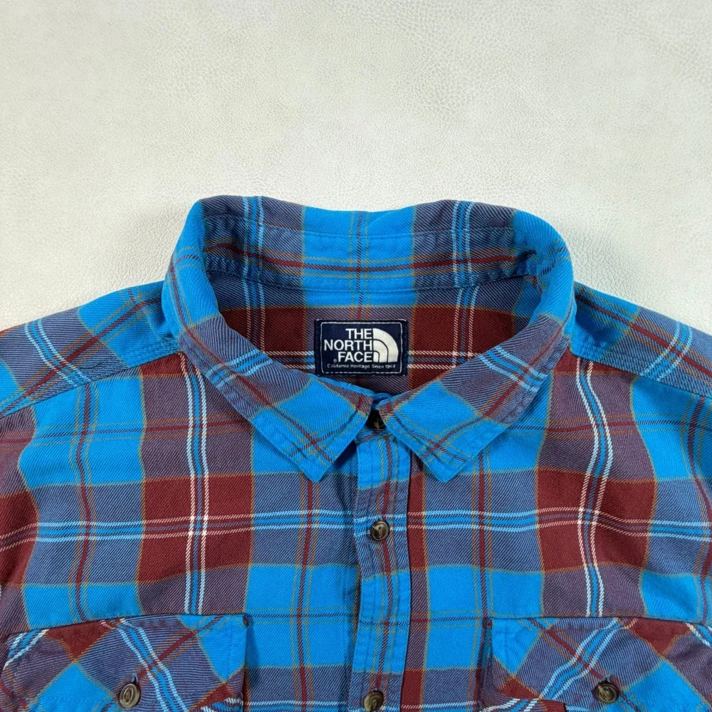 The North Face Mens XL Blue Burgundy Plaid Flannel Long Sleeve Button Down Shirt